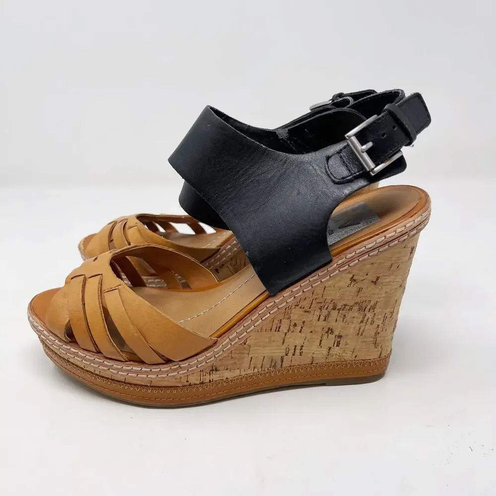 DV by Dolce Vita Womens 7.5 Honey Tan Black Jaslyn Wedge Heel Sandal Cork Buckle